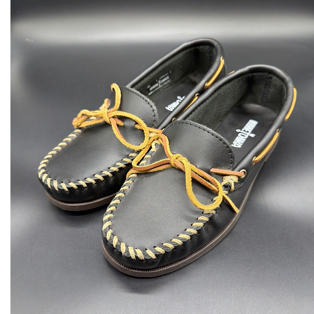 Minnetonka Mens 749 Black Leather Boat Shoe Moccasin Loafers Size 7